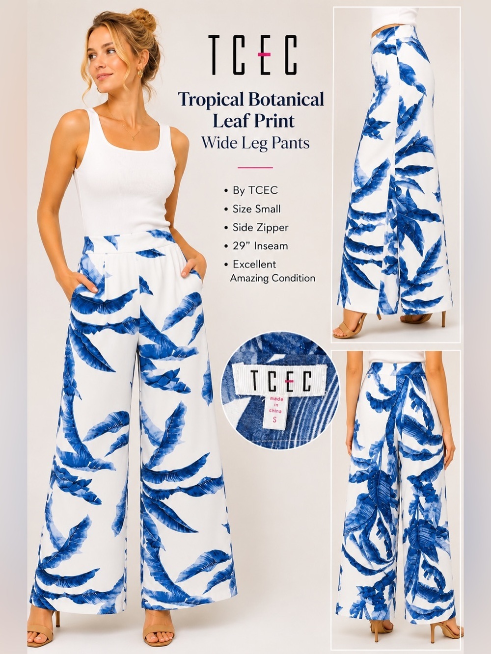 TCEC Tropical Botanical Leaf Print Wide Leg Pants | Side Zip Resort Style Small